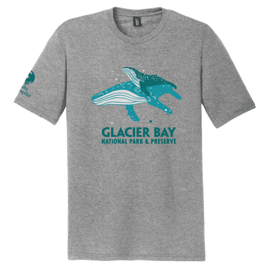 Front of grey t shirt with two blue humpback whales and Glacier Bay National Park & Preserve