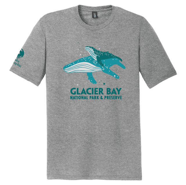 Load image into Gallery viewer, Front of grey t shirt with two blue humpback whales and Glacier Bay National Park &amp; Preserve
