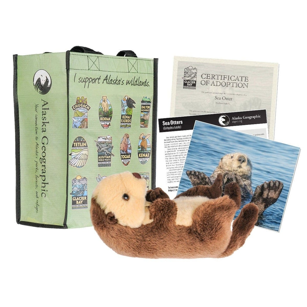 Photo of kit, including sea otter plush, photo of sea otter, certificate of adoption, and green recycled bag