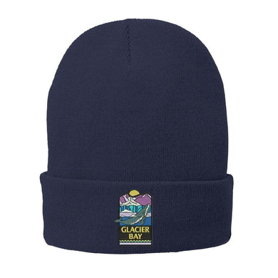 Navy blue fleece lined beanie hat with Glacier Bay National Park patch